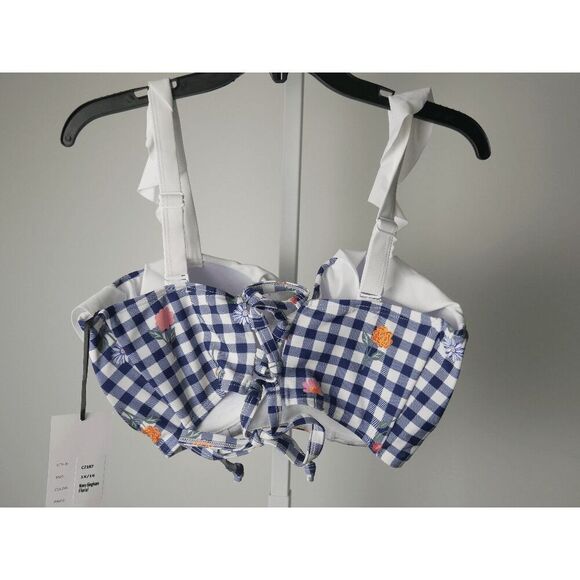 Unique Vintage Plus Size Navy Gingham & Floral Southampton Swim TOP 1X - Picture 2 of 5